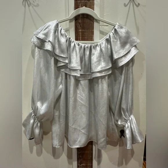 Joy Joy Metallic Silver Ruffle Blouse - Picture 1 of 3